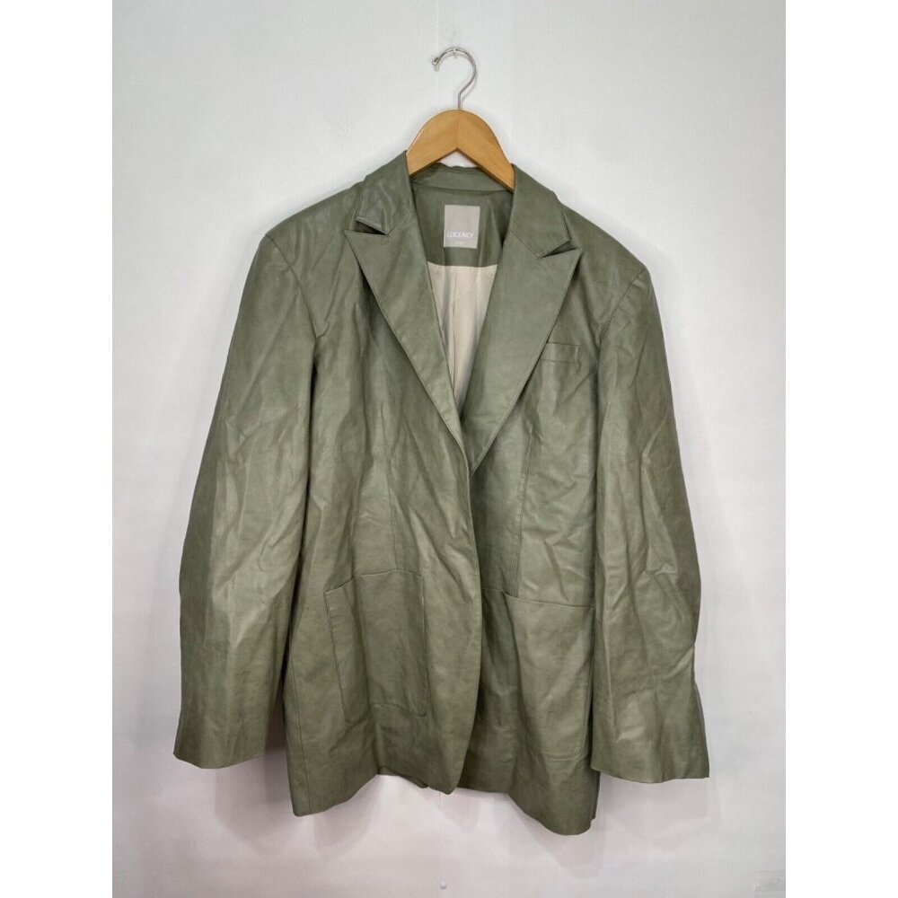 Genuine People Lucency Size Medium Green Faux Leather Open Front Blazer Jacket